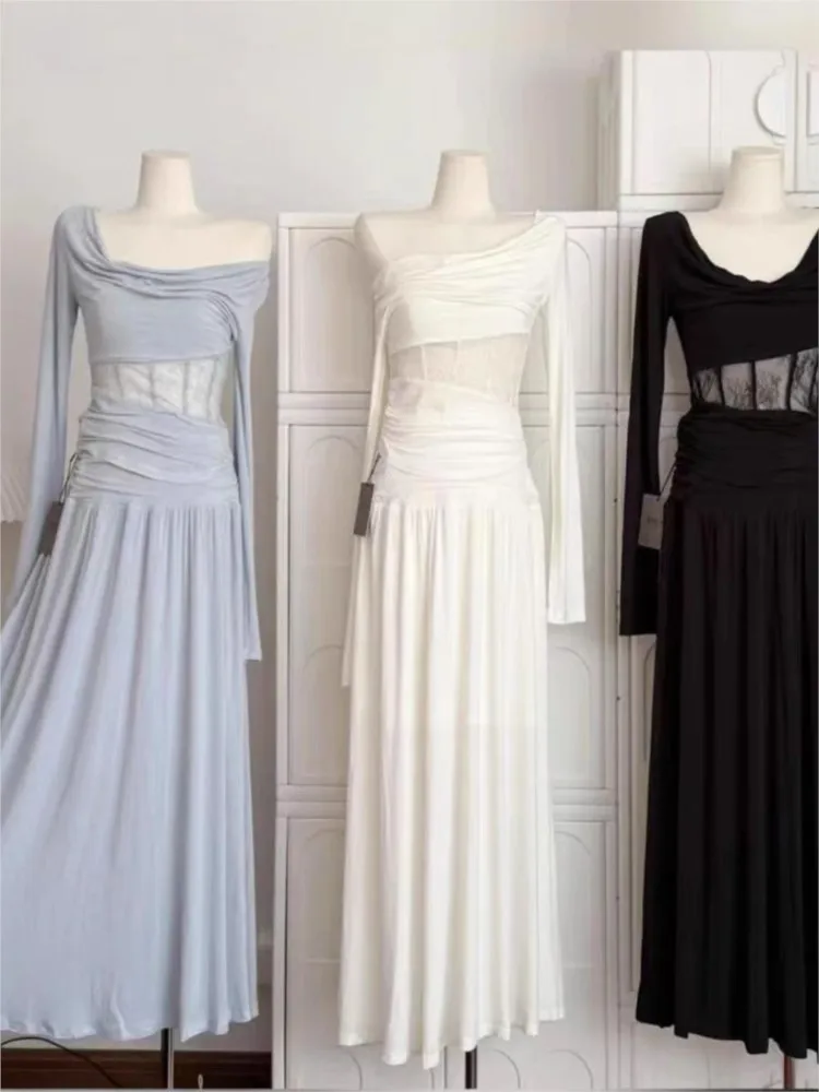 Conjunto de faldas elegantes de 2 piezas para mujer, trajes de fiesta a la moda, encaje ahuecado, Top ajustado de manga larga, falda acampanada, ropa de otoño Y2k