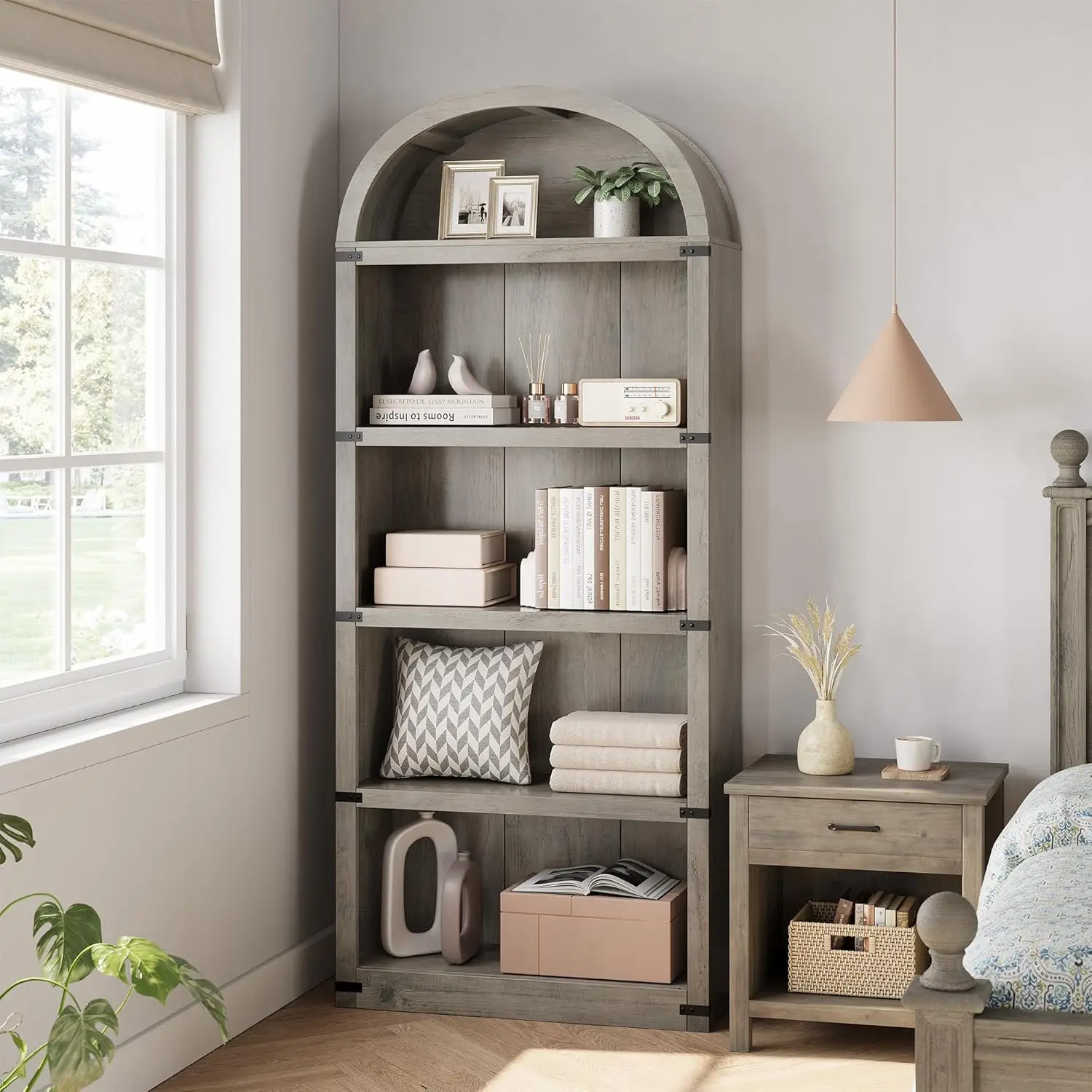 Gewölbtes Bücherregal mit 5 Regalen, 71,65 Zoll hohes Bücherregal, Bauernhaus-Display, Lagerregal, Bücherregale aus Holz für Zuhause, Büro, Wohnzimmer – Detail 8