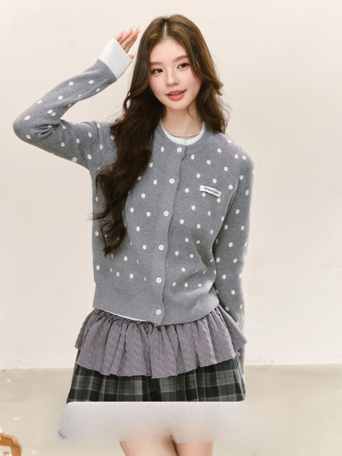 

Оригинальный корейский вязаный кардиган в горошек Peasluna, длинный свитер для женщин, универсальный свитер на осень-зиму, модный
