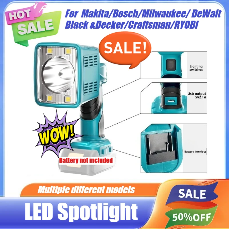 LED Spotlight Working Lamp Portable Outdoor Emergency Lighting Foldable Flashlight for Milwaukee/DeWalt/Makita Li-ion Battery