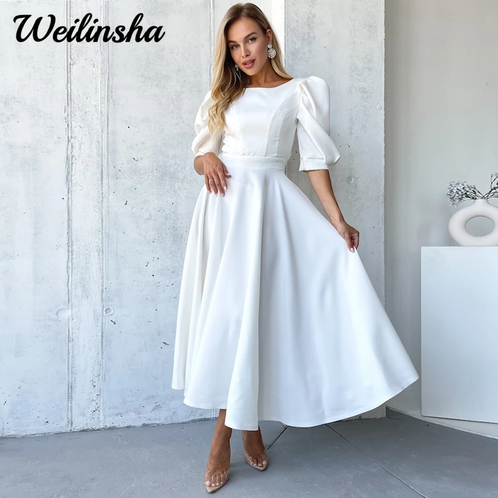 Chic Short Wedding Dress A Line Graceful Scoop Half Puff Sleeves Satin Bridal  for Woman with Button Back Vestido De Novia