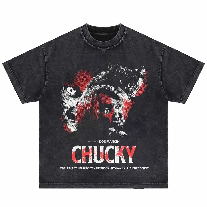 2024 Harajuku Oversize Cotton Washed Tshirt Horror Doll Gothic Punk Graphic Print T-Shirt Streetwear Hip Hop Vintage Men Tshirt