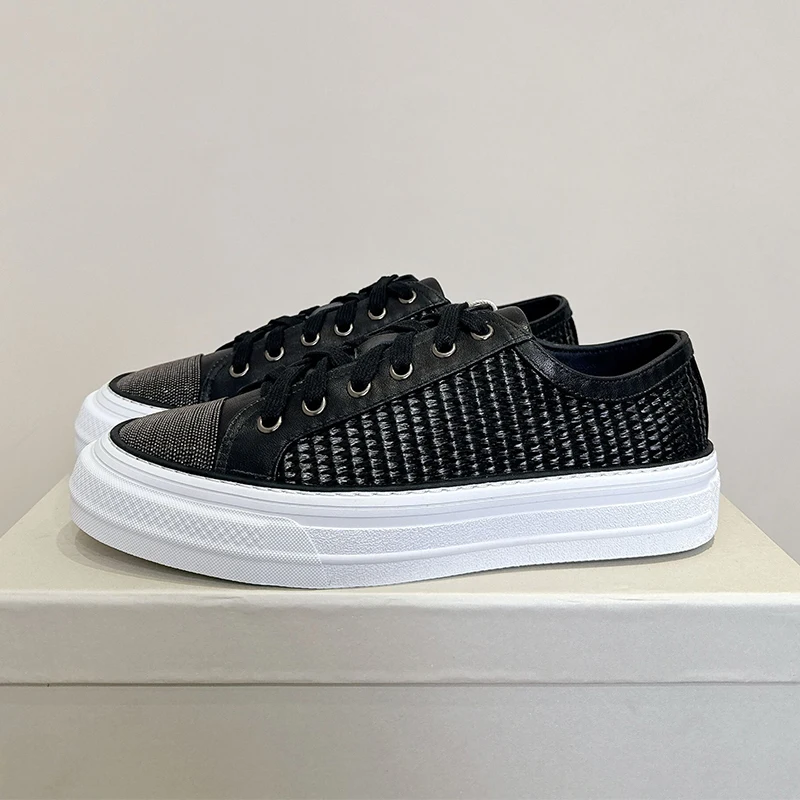 Flats Thick Bottom Casual Shoes Women's String Bead Decor Lace-up Patchwork Flat Flatform Shoes Spring  Autumn Walking Shoes
