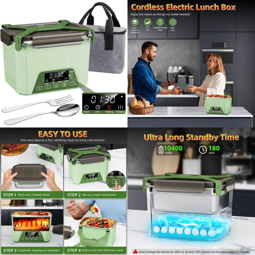 

Портативный электрический ланч-бокс объемом 1,2 л с самонагревающейся батареей, питанием от BPA, идеально подходит для приготовления еды (зеленый)