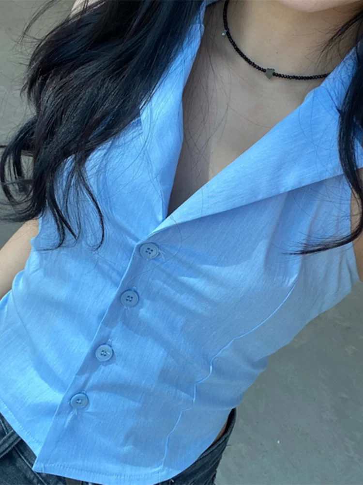 アメリカンスタイルショートシャツセクシーガールベストトップ女性夏新鮮なアウターウェアキャミソールノースリーブスリムフィット綿ポリエステルブレンド