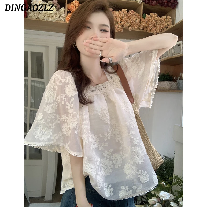 

Summer Tops For Women French Square Collar Embroidery Shirt Puff Sleeve Loose Casual Patchwork Lace Hollow Out Blouse