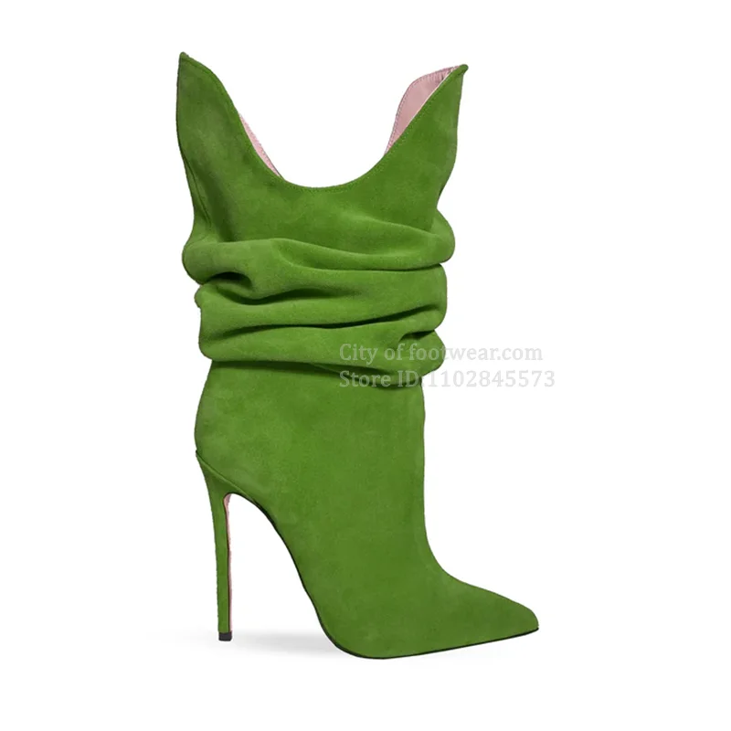 

Suede Pleated Colorful Sexy Mid Calf Boots Women's Winter Pointed Toe High Heels Booties Big Size Luxury Designer Soft Shoes