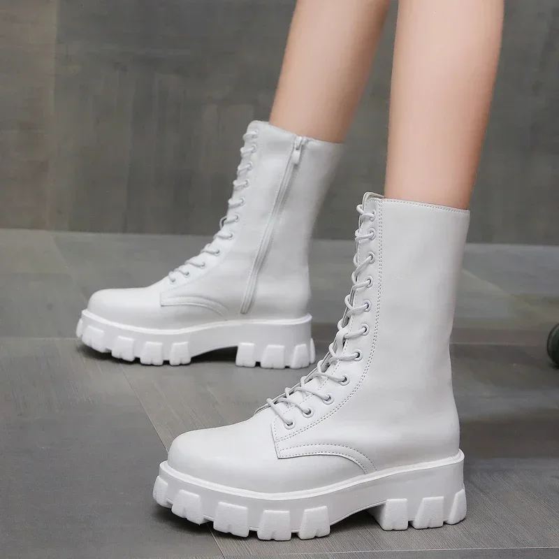 

Winter New Women Mid-calf Boots 2023 Quality Pu Leather Platform Ladies Shoes Fashion Warm Military Boots Casual Zipper Booties