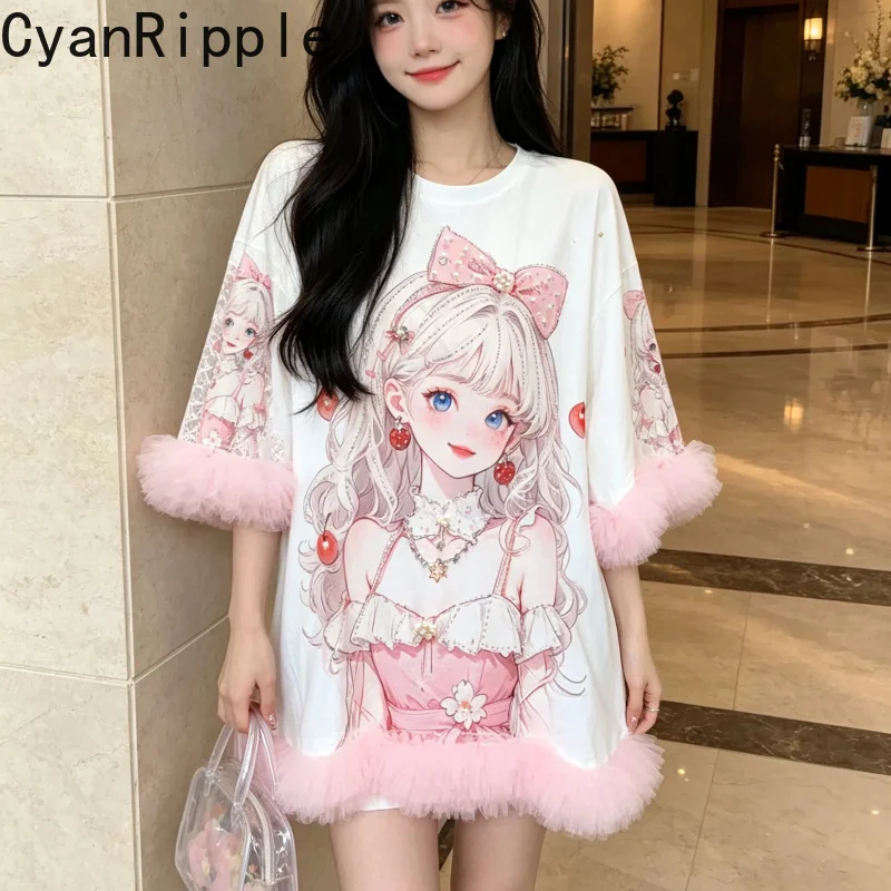

2026 New Summer All-match Women Loose Short Sleeve T-shirt Sweet Beading Cartoon Printed Round Neck Elegant Lace Princess Dress