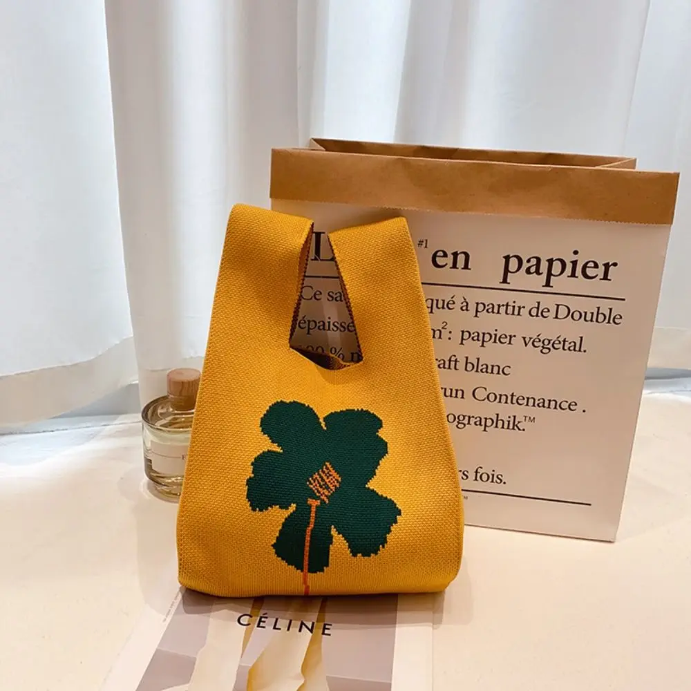 Lässige Knoten Blume Strick Handtasche Handgelenk Tasche Einkaufstaschen Einkaufstasche