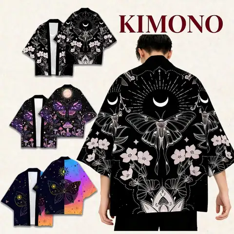 Kimono con stampa all-over in stile tradizionale giapponese unisex Harajuku casual vacanza cardigan da spiaggia Yukata farfalla abbigliamento floreale