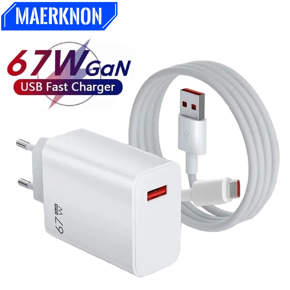 

USB GaN Charger 67W Fast Charging EU/US Plug Wall Charger Type C Cable For iPhone Samsung Xiaomi Huawei USB Quick Phone Charger