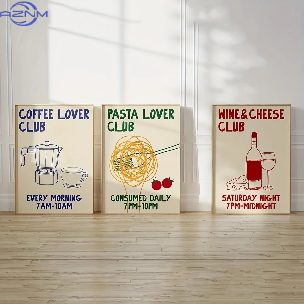 3pcs Set Hand-Drawn Food Lovers Canvas Art Prints, Coffee Pasta Wine & Cheese Club, Art Deco Classic Modern Style, Cartoon Anime