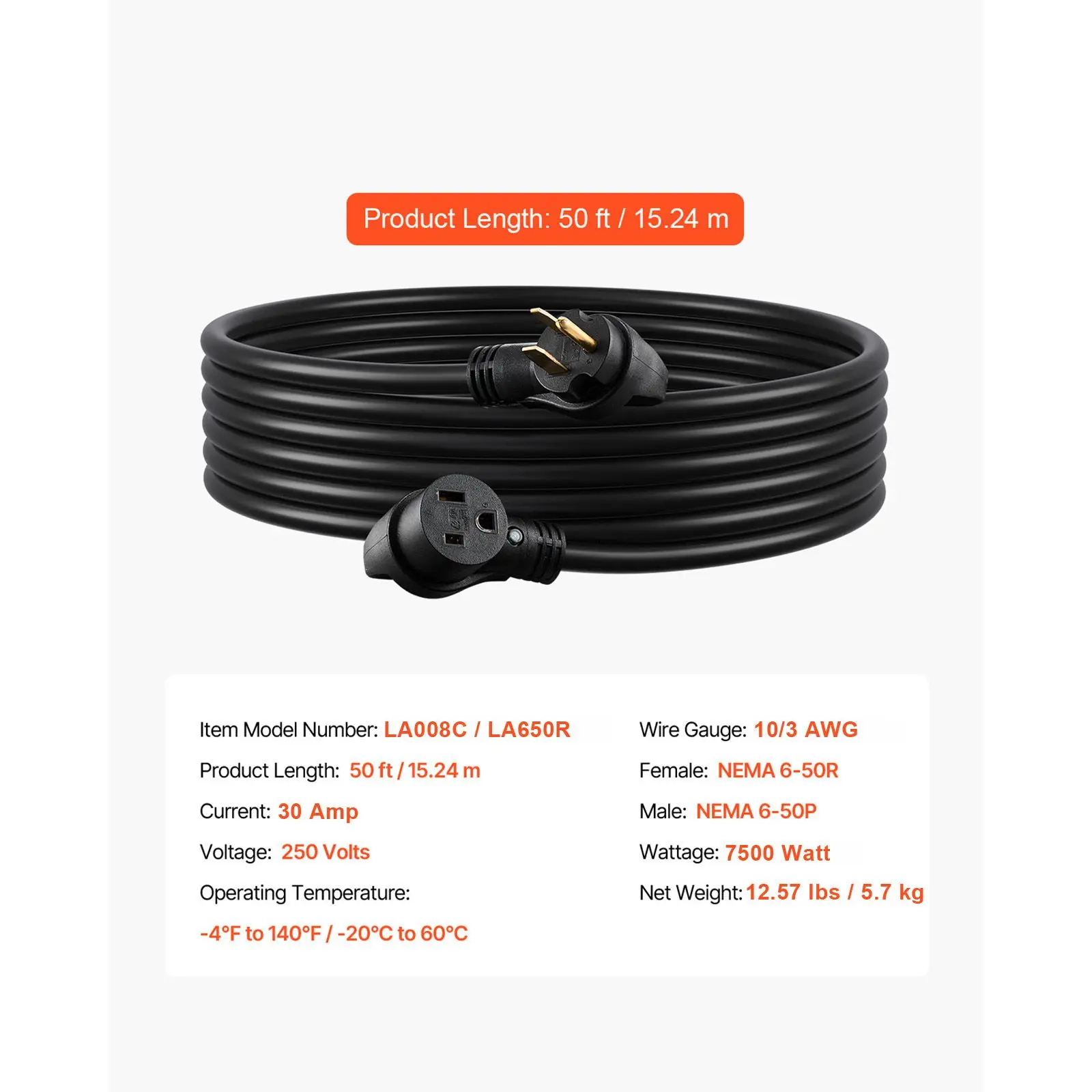 Welder Extension Cord, 30 Amp 50 ft, for Portable, NEMA 6-50P, 10/3 AWG, 250V, 7500W Heavy Duty Pure Copper Cable, Outdoor MIG