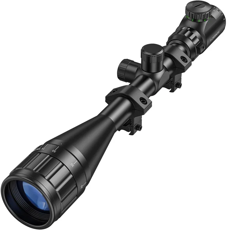 

6-24x50 AO Scope 1 inch Tube Red Green Illuminated Reticle Long Range with Aluminum Scope Rings for Hunting