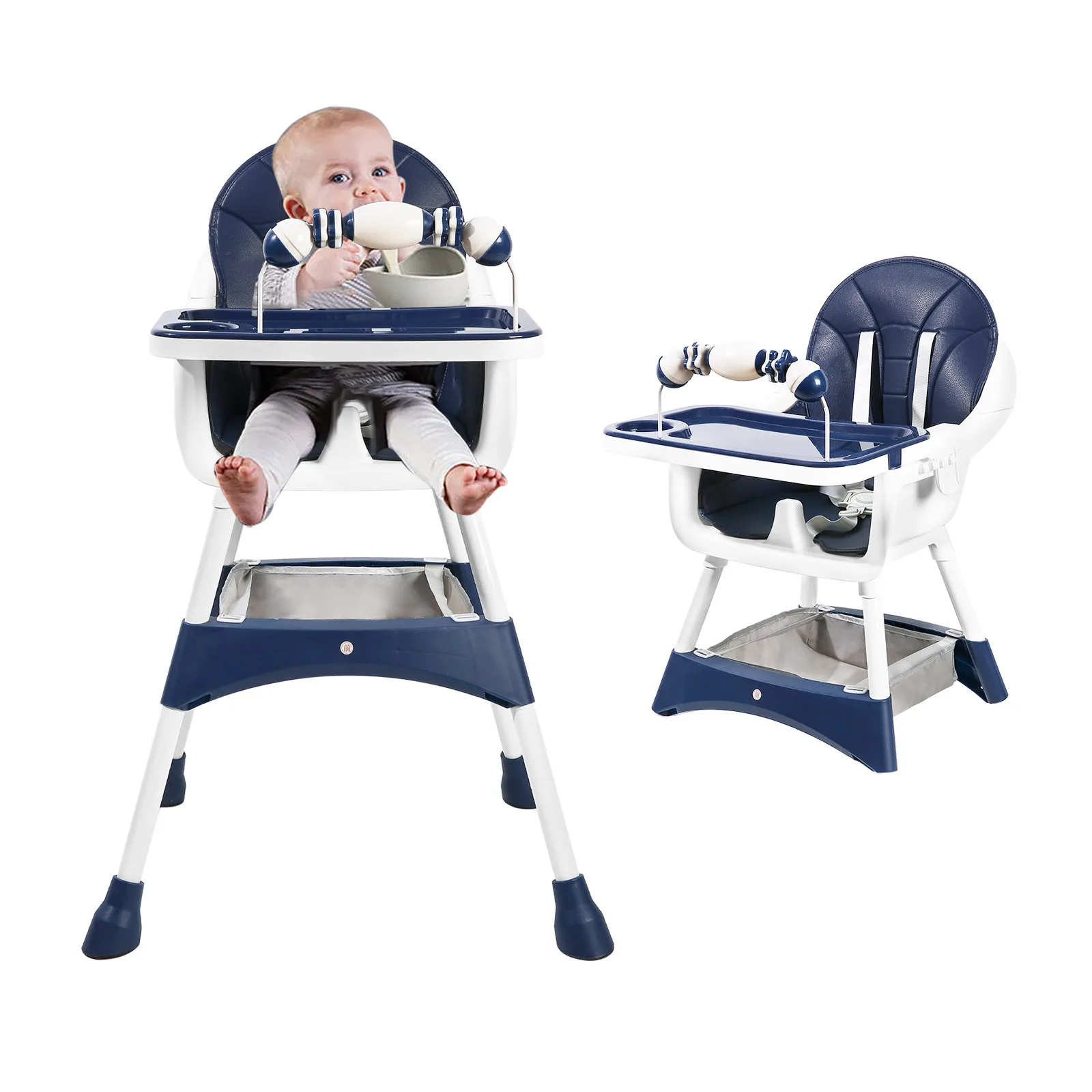 Babyhochstuhl, tragbare Baby-Esszimmerstühle „Eat & Play“ umwandelbarer Hochstuhl mit doppelschichtigem Speiseteller und Spielzeugregal