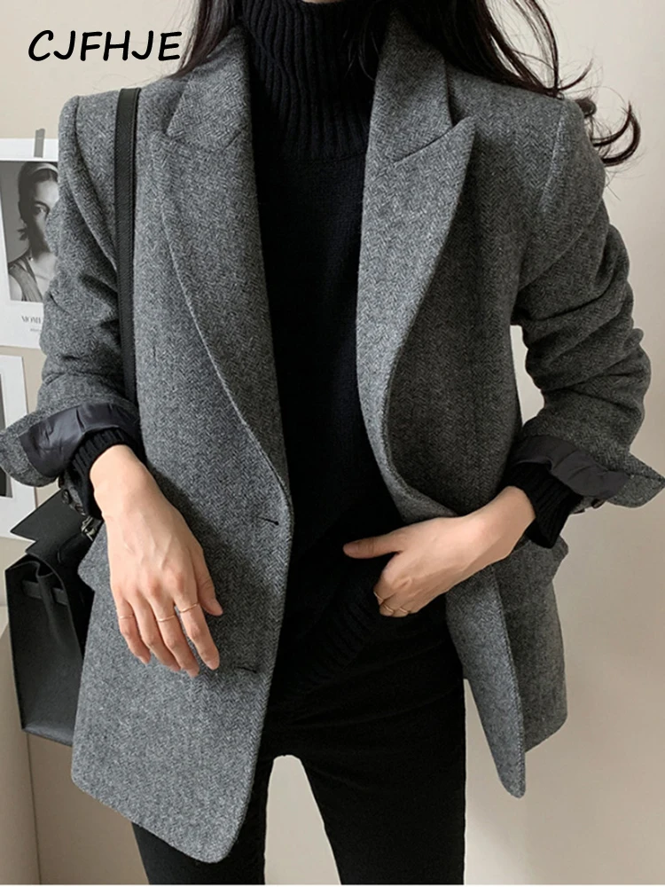 CJFHJE Gray Wool Blazer Women Autumn Winter Single-Breasted Pockets Office Wear Notched Collar Thick Blazers Elegant Lady Jacket