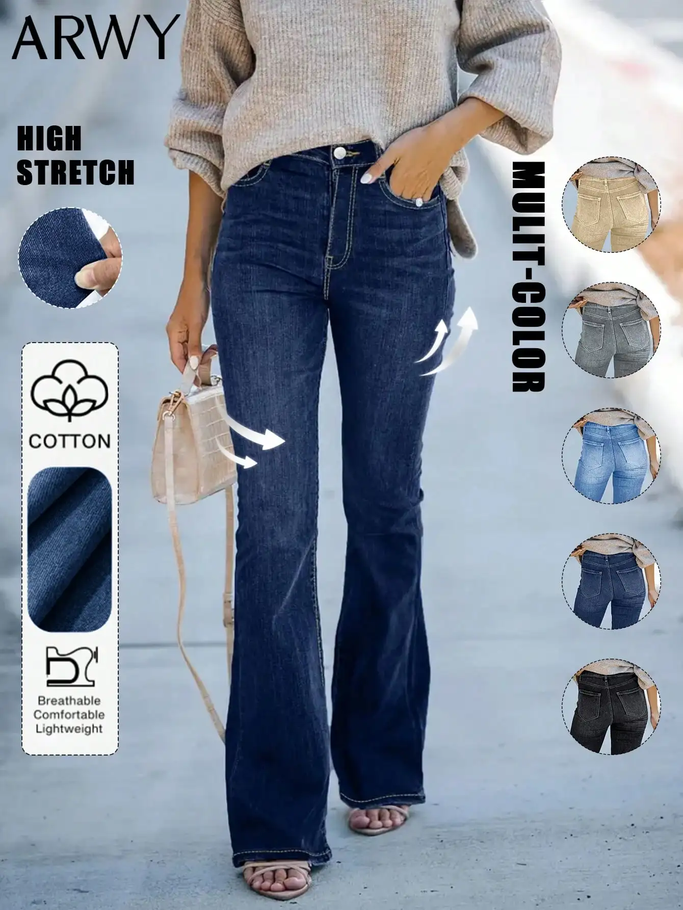 

American Style Slim Fit Simple Fashion Versatile Bootcut Cat's Whisker Pattern Washed Medium Stretch Women's Flared Jeans