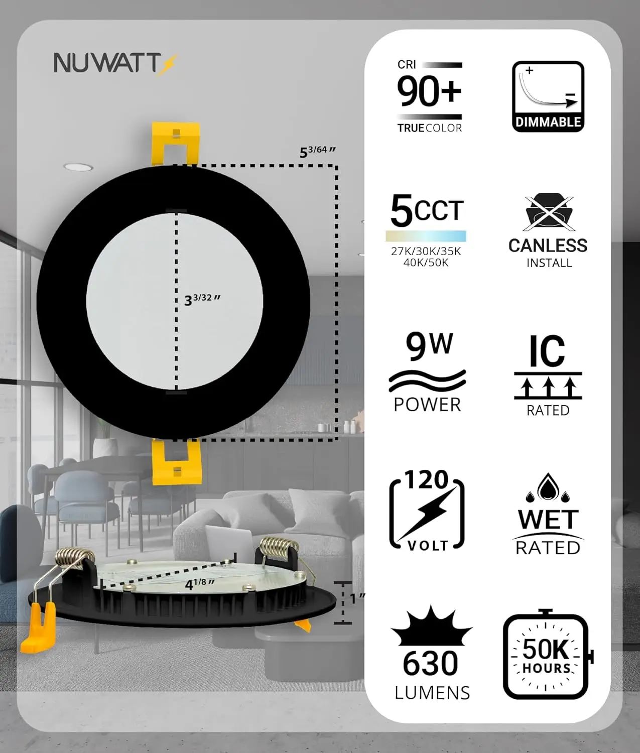 6팩 4인치 초박형 LED 캔리스 조명, 5CCT 조절 가능, 630LM, 9W, 밝기 조절 가능, IC 및 습기 등급, 블랙(금속 J-박스 포함)
