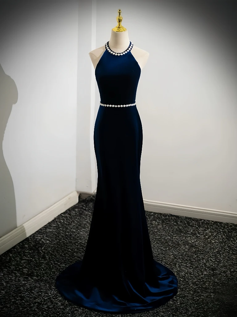 

​ Сексуальное синее вечернее платье русалки с лямкой на шее и открытой спиной, без рукавов, с бантом и рюшами, облегающее женское длинное платье для выпускного вечера, вечернее коктейльное платье