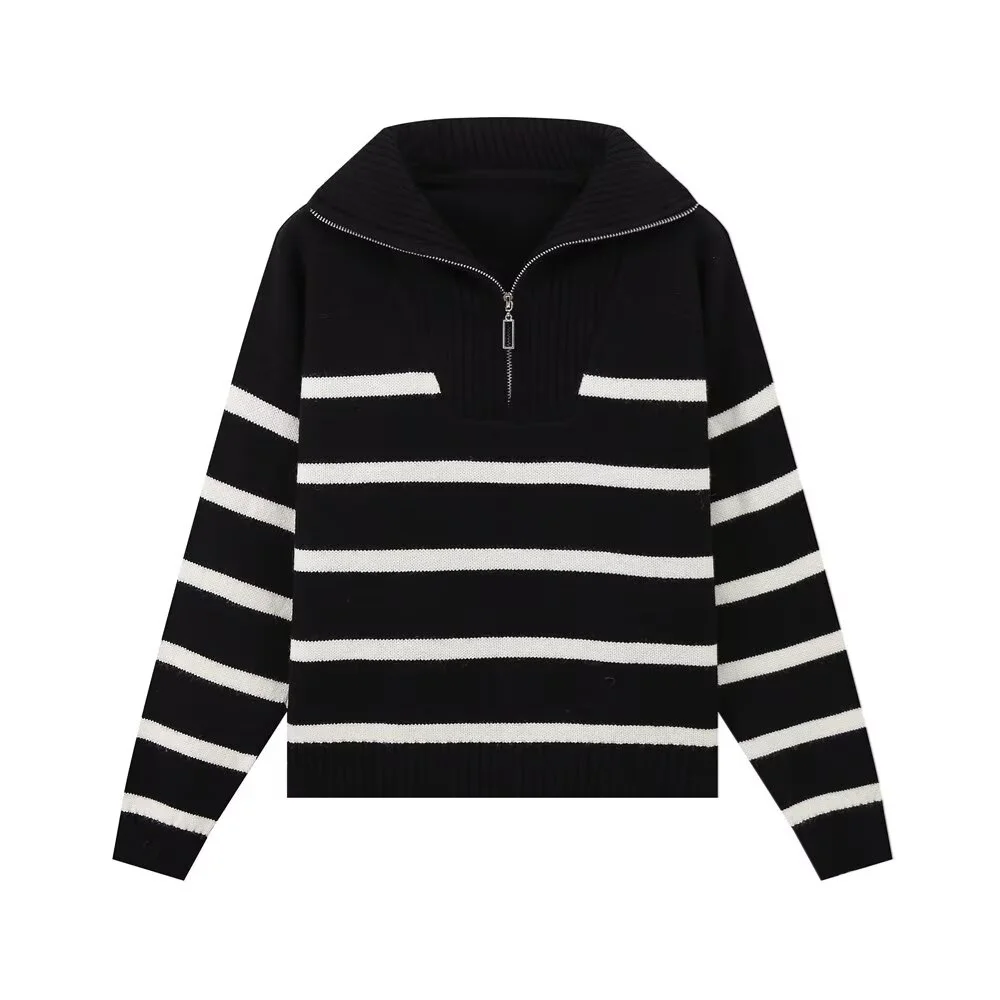 Taop&Za   Autumn new women's fashionable casual versatile lapel long sleeved zipper decorated striped pullover sweater