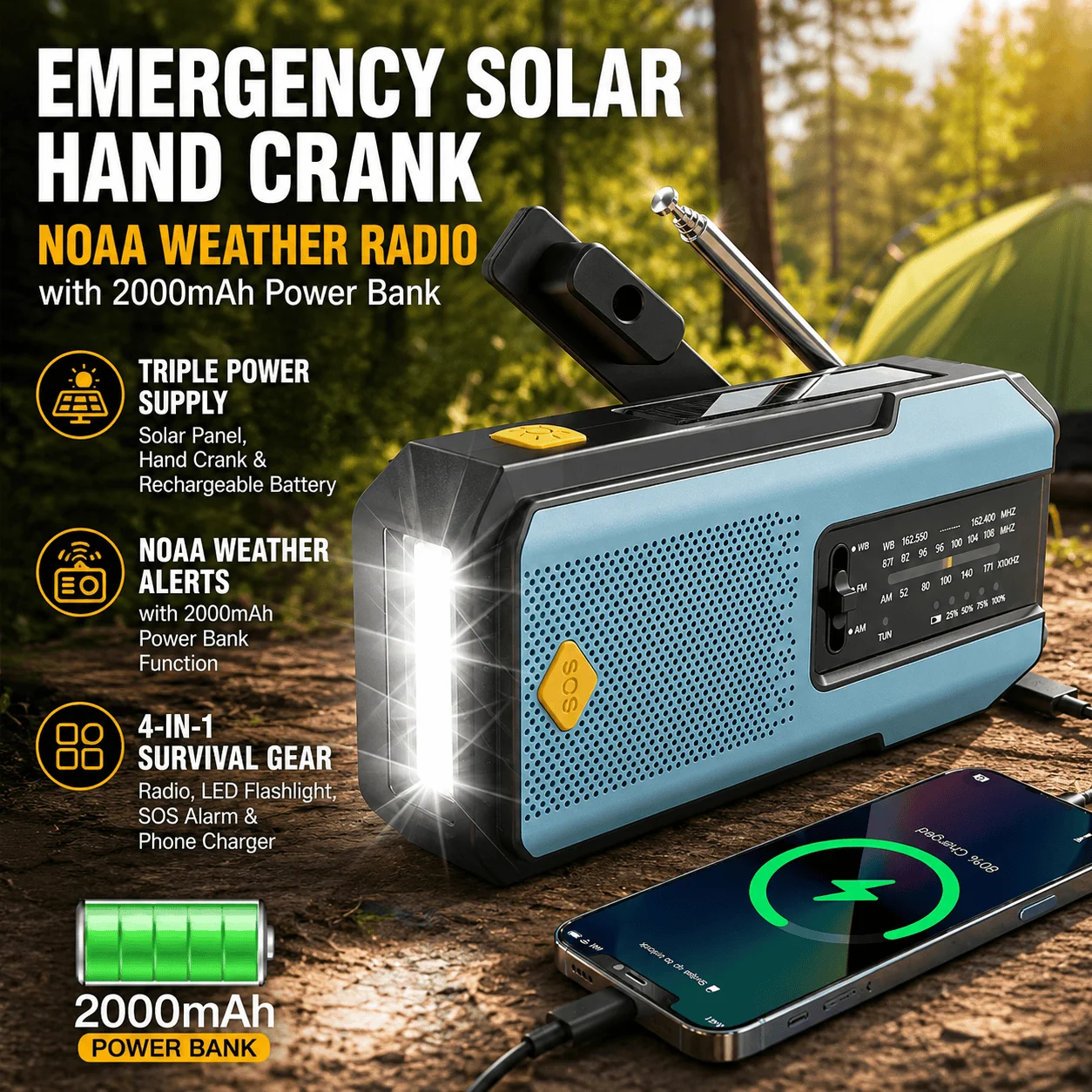 Emergency Radio Solar Hand Crank NOAA Weather Radio AM FM Portable 2000mAh Power Bank Rechargeable Survival Gear LED Camping Flashlight Reading Lamp SOS Alarm Hurricane Earthquake Emergency Kit Battery Operated For Home Outdoor Adventures Hiking