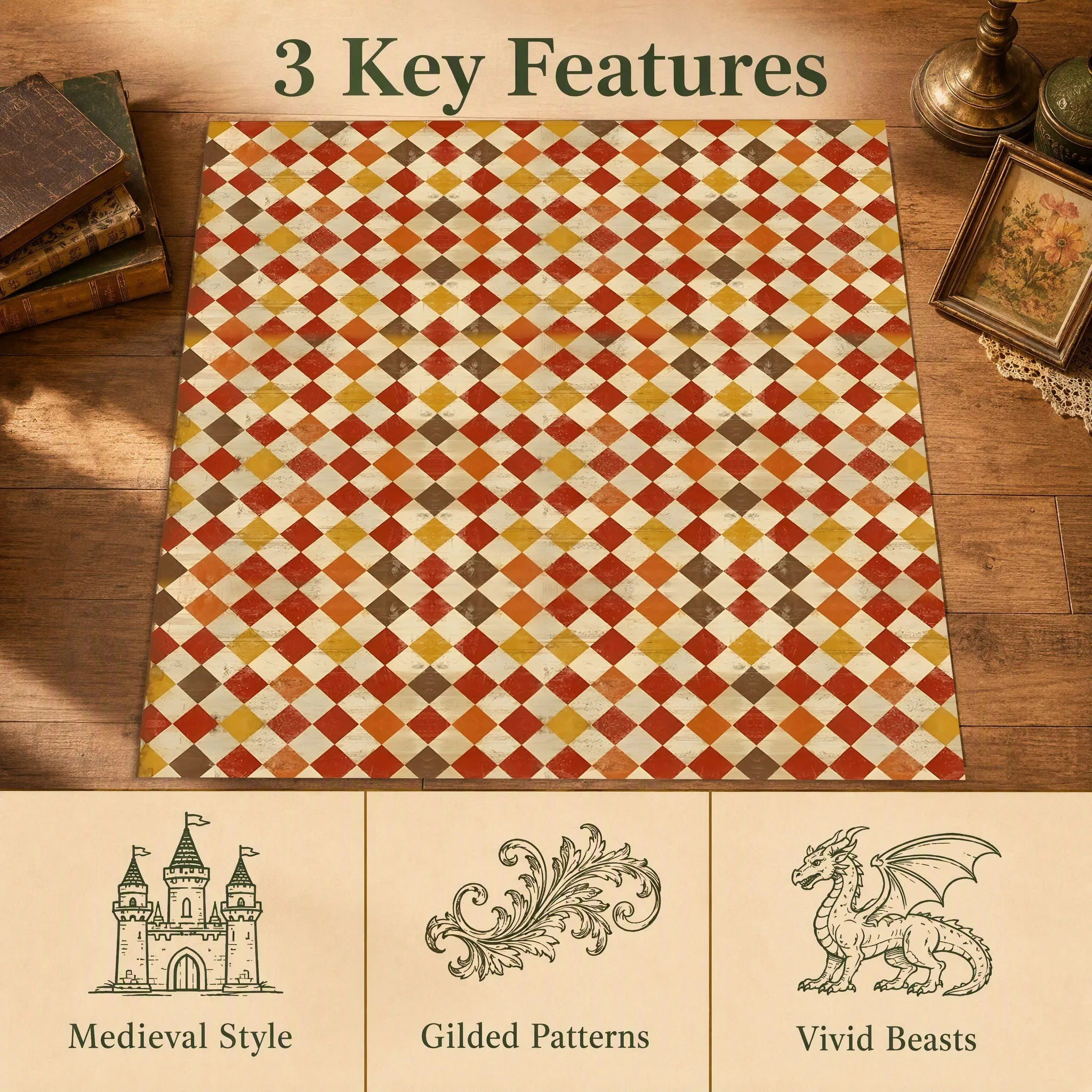 Retro Warm-Toned Diamond Pattern Vintage Style Christmas and New Year Rug for Living Room, Bedroom, Bedside, and Autumn/Winter Cozy Atmosphere
