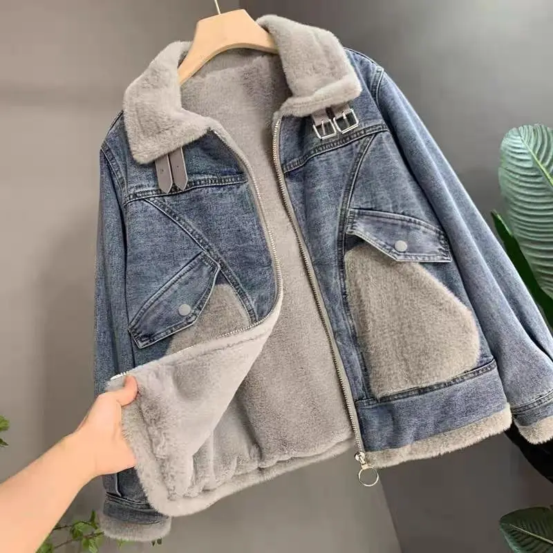 Autumn Winter New Female Thickening Imitation Mink Fur Coat 2024 Women Color Collision Cowboy Outwear Ladies Loose Denim Jacket