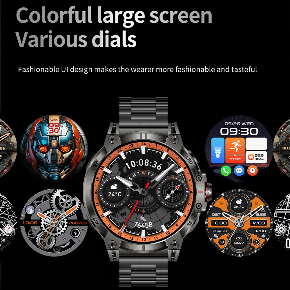 다오르코우 2025 신형 남성용 760mAh 대용량 배터리 LED 손전등 나침반 IP68 방수 1.8인치 HD 대화면 BT 통화 스마트워치