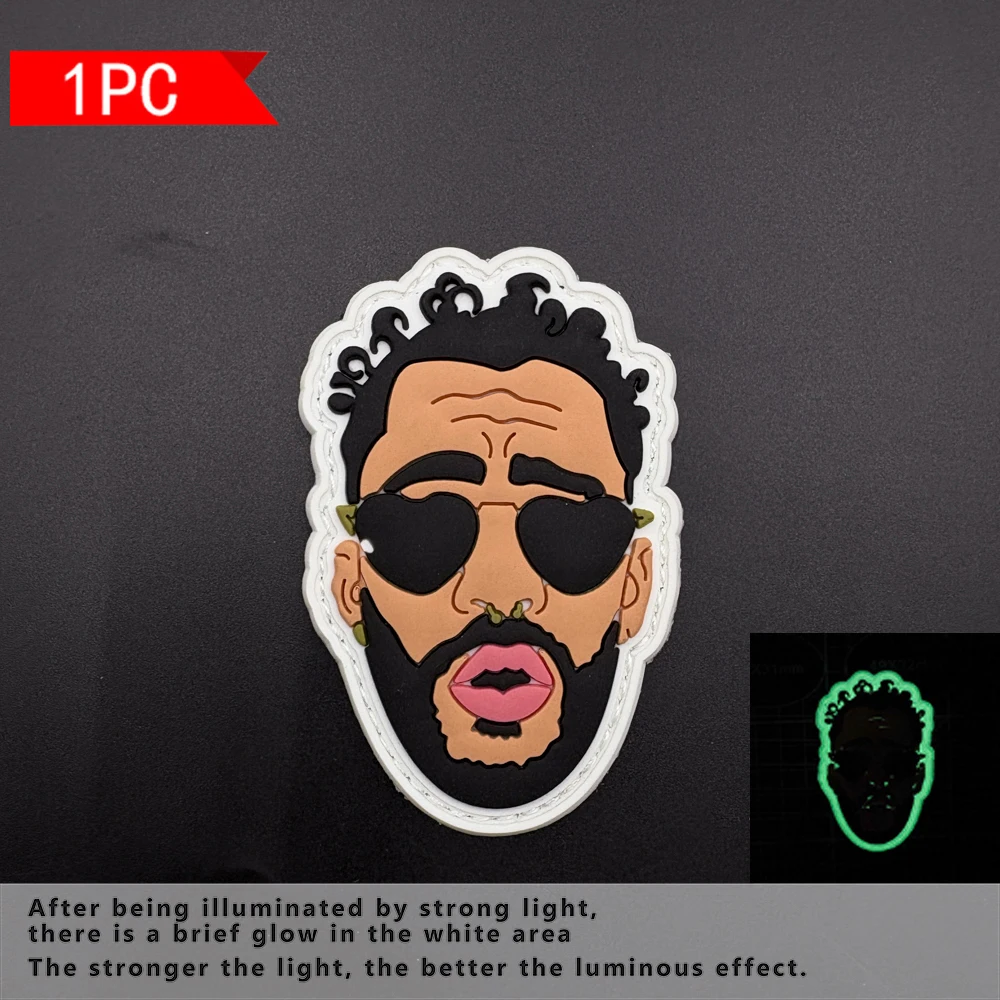 Trendy and cool men's portrait design with sunglasses, unique shape patch made of 2D flat PVC material, available in three different styles, 1 piece optional, with glow-in-the-dark effect, suitable for decorating armbands, bags, and clothing. Comes with a matching matte surface badge sticker