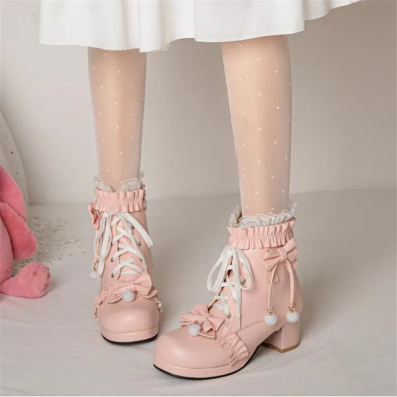 

Fashion Girls Boots Women Comfort Square Platform Ankle Boots Sweet Bow Ruffles Girls Princess Pink Lolita Party Shoes Size28-43