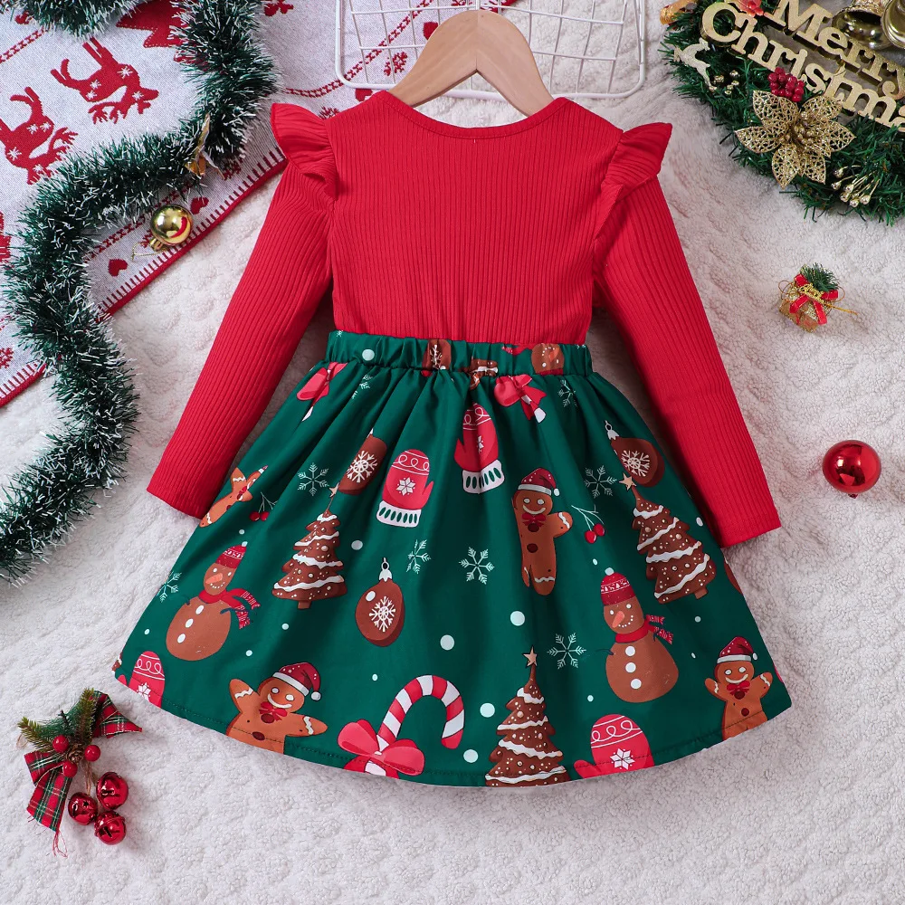 New Year Kids Red Christmas Dress Girls Autumn Winter Cartoon Print Long Sleeve Princess Dresses Casual 1-6 Y Patchwork Clothes