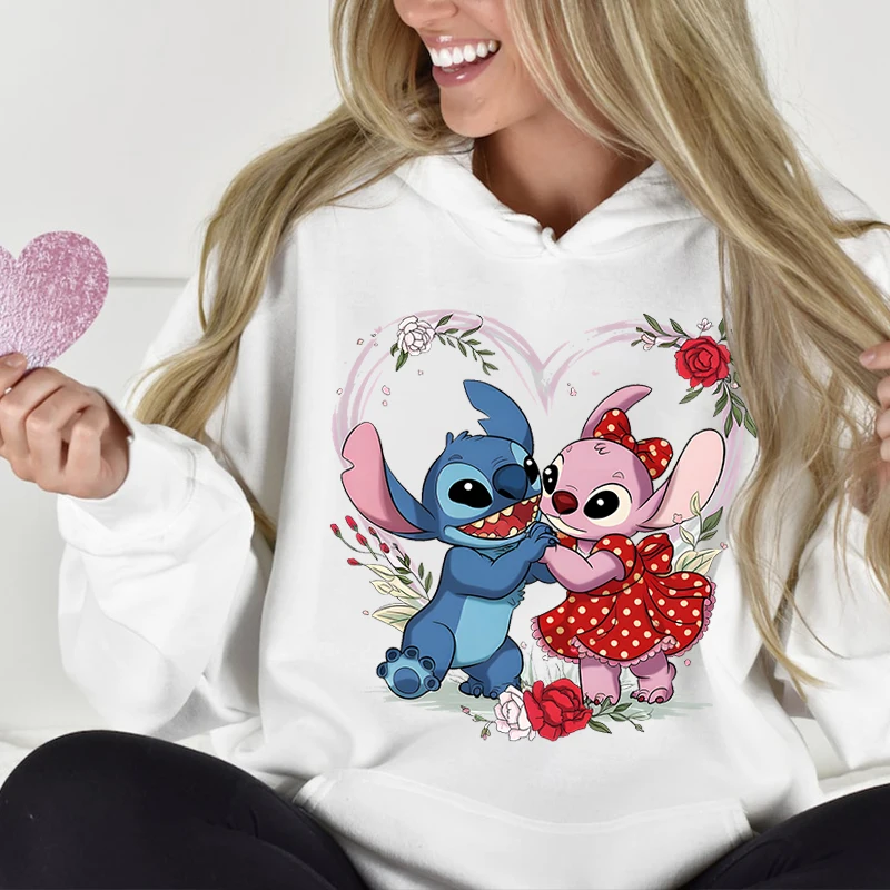 Stitch And Angel Valentine's Day Printed Hoodies Women's Casual Sweater Loose Tops Personalized Clothing Valentine's Day Gifts