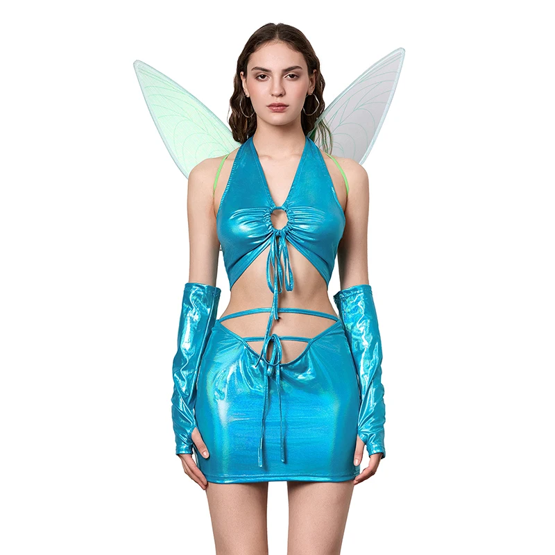 Women Fairy Cosplay Costume Set Drawstring Lacing Tank Tops Bodycon Package Hip Skirt Wing Arm Sleeves 4-Piece Outfits