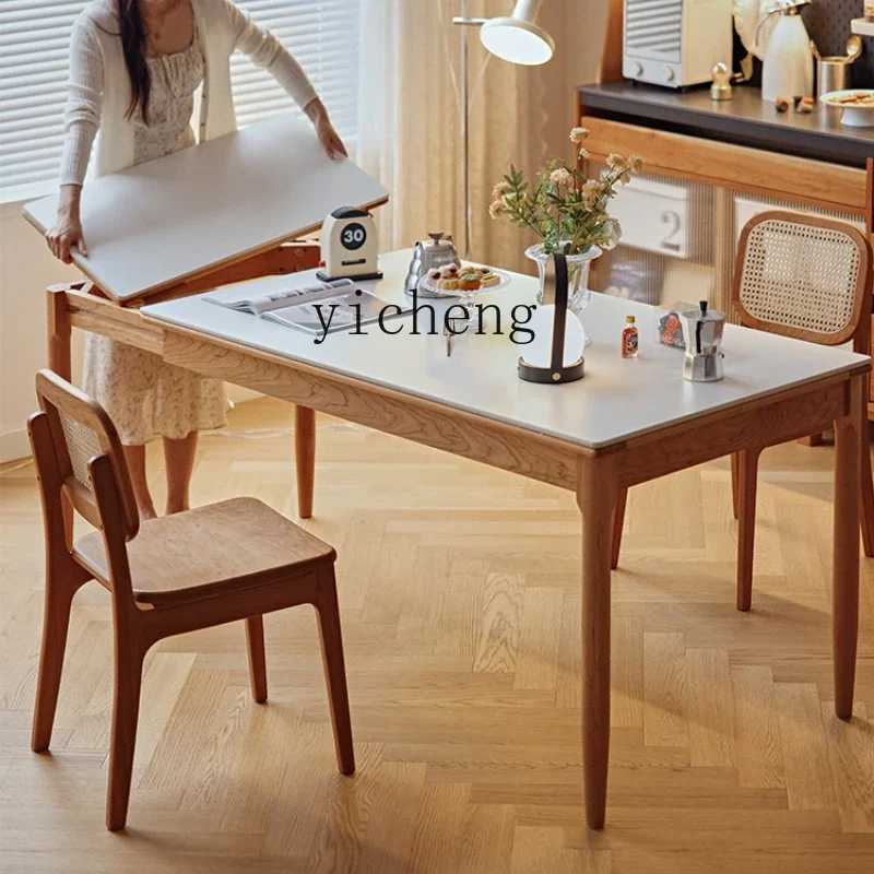 XL Nordic solid wood rock slab dining table retractable Japanese cream household cherry wood