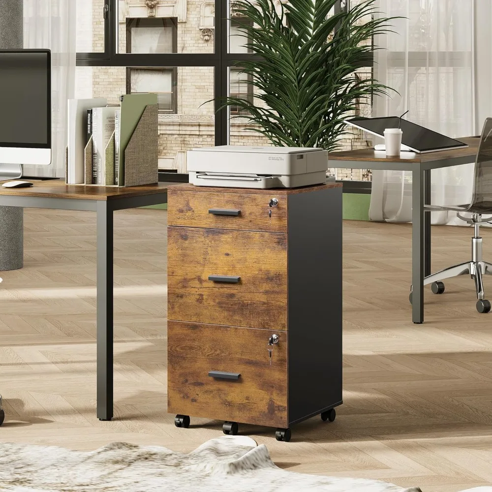 خزانة ملفات خشبية دوارة بثلاثة أدراج مع قفل، مناسبة لوثائق حجم الحروف/A4، بني ريفي للاستخدام المنزلي والمكاتب