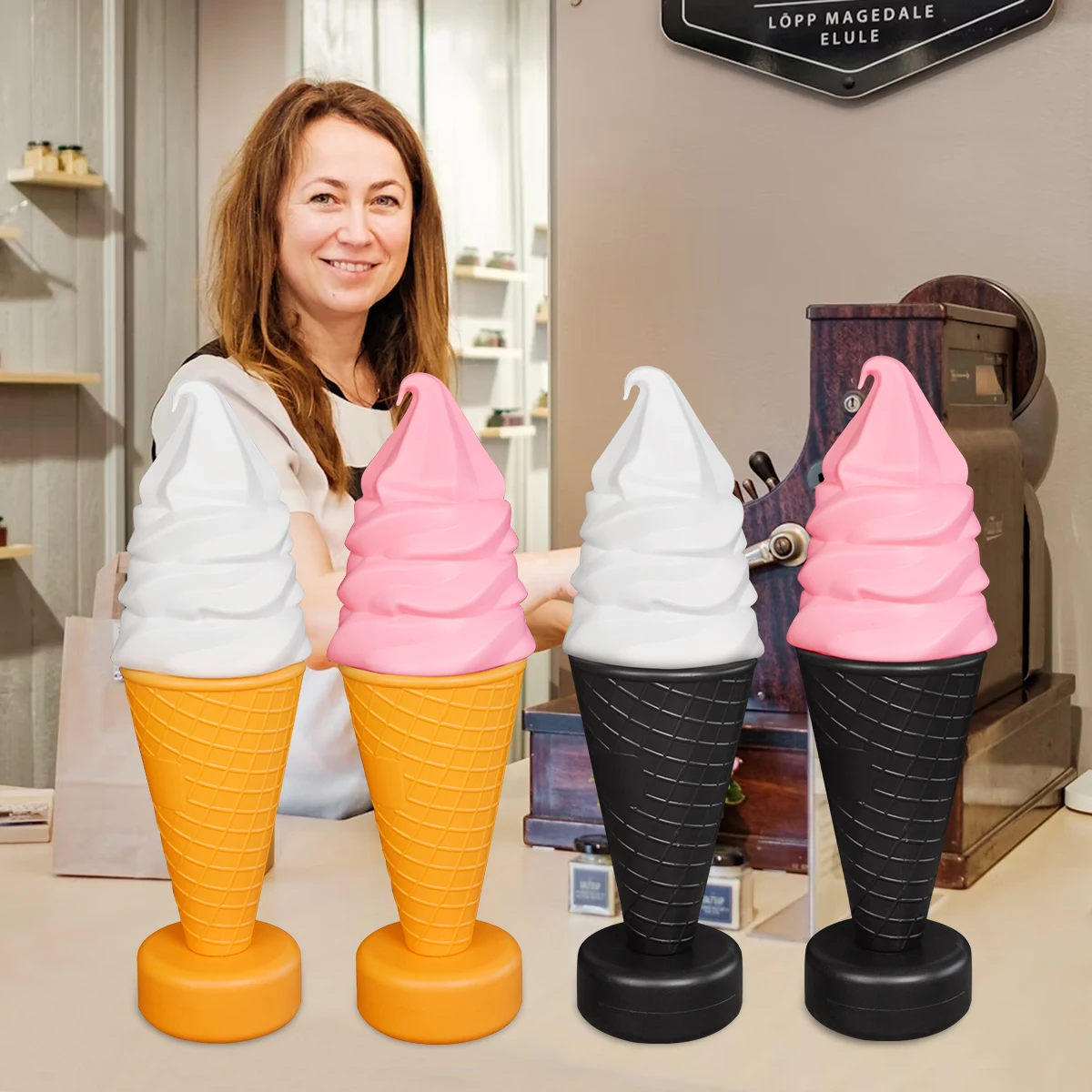 23.6in Giant Statue Simulation Ice Cream Cone Lamp Dessert Shop Decoration 12 Kinds Of LED Color Changing Advertising Lights