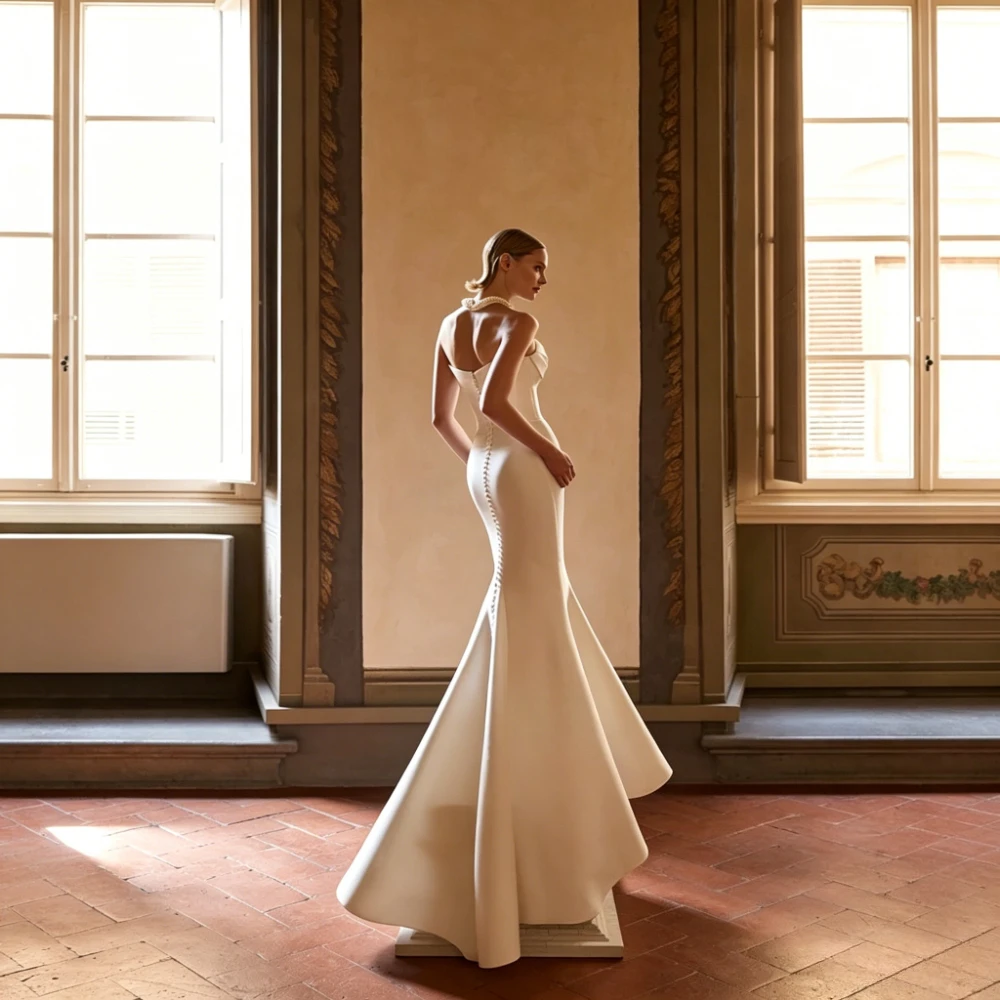 Customized Modern Style Simple Luxury White Satin Strapless Sweetheart Mermaid Wedding Dress with Detachable Train Bridal Gown