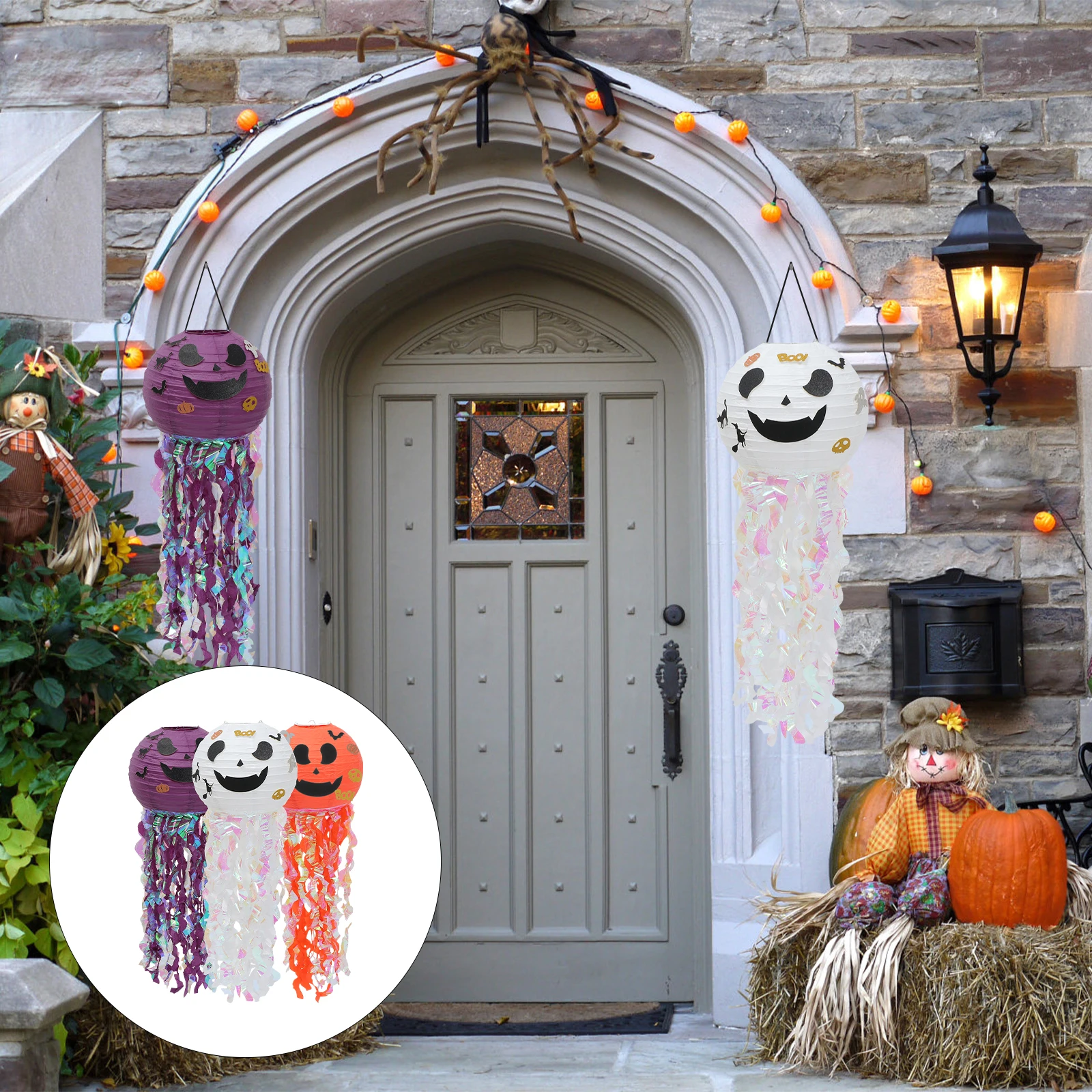 

3pcs Pumpkin Paper Lanterns Halloween Hanging Decorations Party Ornament Porch Door Hangings Festival Style School Coffee Shop