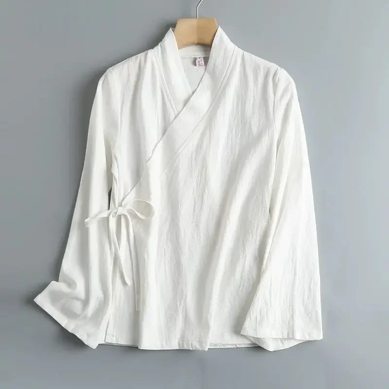 100% Cotton Hanfu Long Flared Sleeves Cross-tie Ties Shirt Chinese Vintage Hanfu Tops Lining White Women Mens Unisex