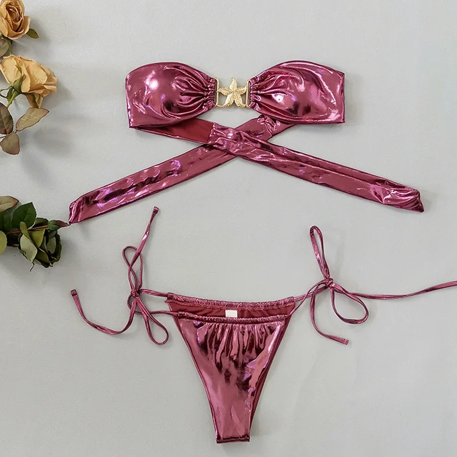 

Sexy Gold Starfish Metallic Glitter Bandeau Bikinis Sets Two Pieces Tie Thong Bandage Swimsuit Bathing Suit Swimwear Biquini