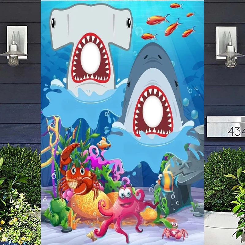 

Photography Backdrop Scary Shark Attack Ocean Sea Animal Theme Door Face In Hole Pretend Play Party Games Background Banner