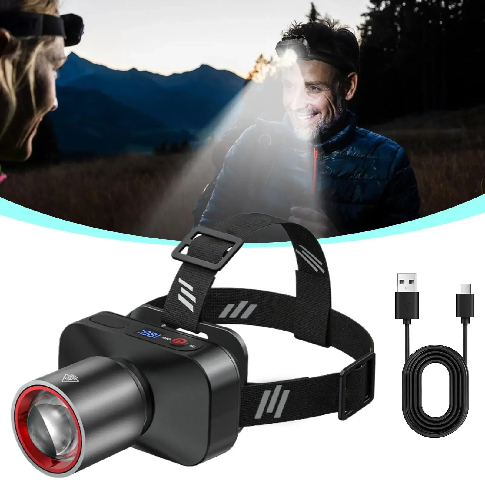 Head Lights For Forehead Headlamps For Adults Rechargeable 90 Degree Angle Adjustable Powerful Lightweight Adjustable Brightness