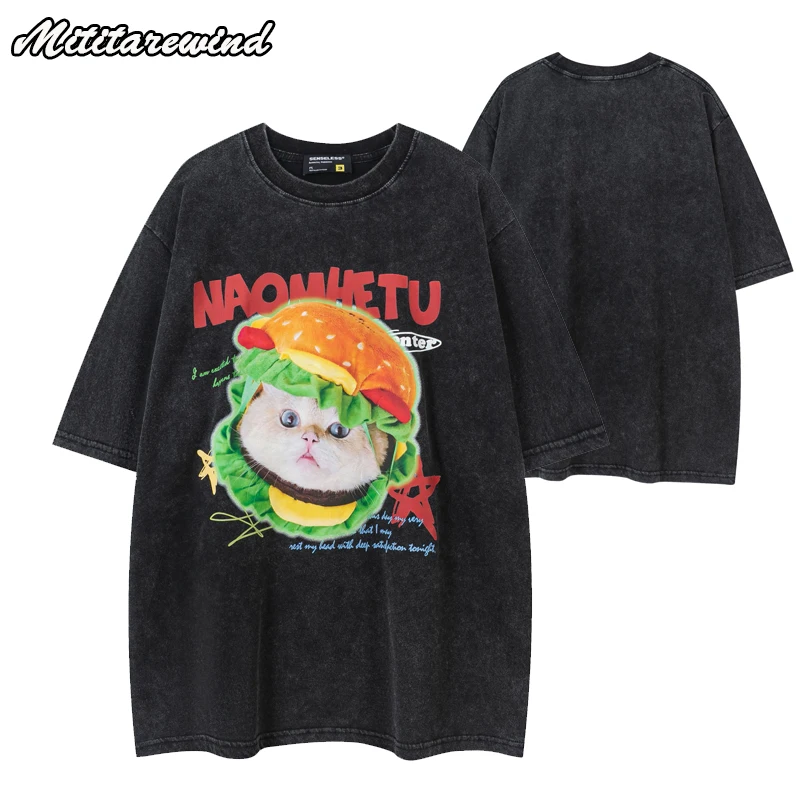 Hip Hop Oversized T Shirts for Men Cute Burger Cat Printed Funny Tshirt Men Casual Fashion Pure Cotton Vintage Graphic Tees Tops