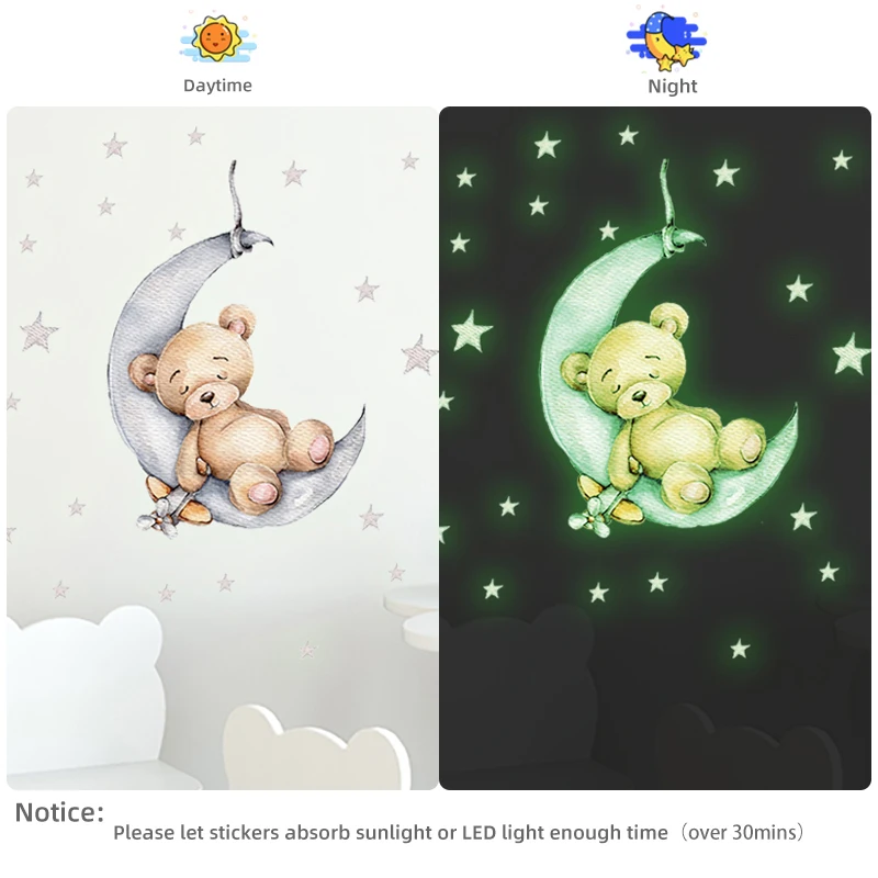 Tiny Cute Luminous Wall Stickers Teddy Bear on the Moon Stars Glow in the Dark Wall Decals for Kids Room Baby Nursery Home Decor - Image 5