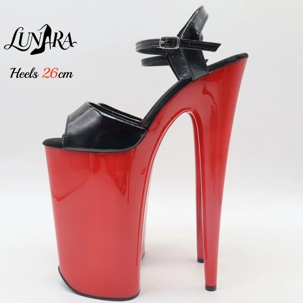 26cm/10Inch Black Red Patent Extreme Platform High Heel Sandals Ankle Strap Open Toe Sexy Nightclub Party Stage Non-slip Ladies