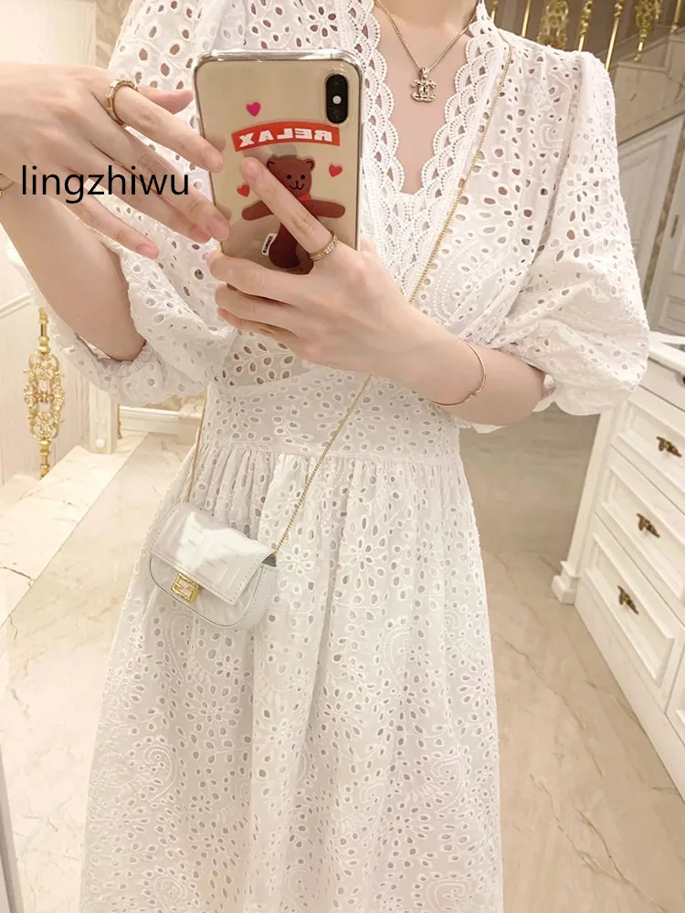 

lingzhiwu Elegant Dress Korean V-Neck Lantern Sleeve Hollow Out Dresses 2024 Summer Fairy Slim Waist Tea Break New Arrival