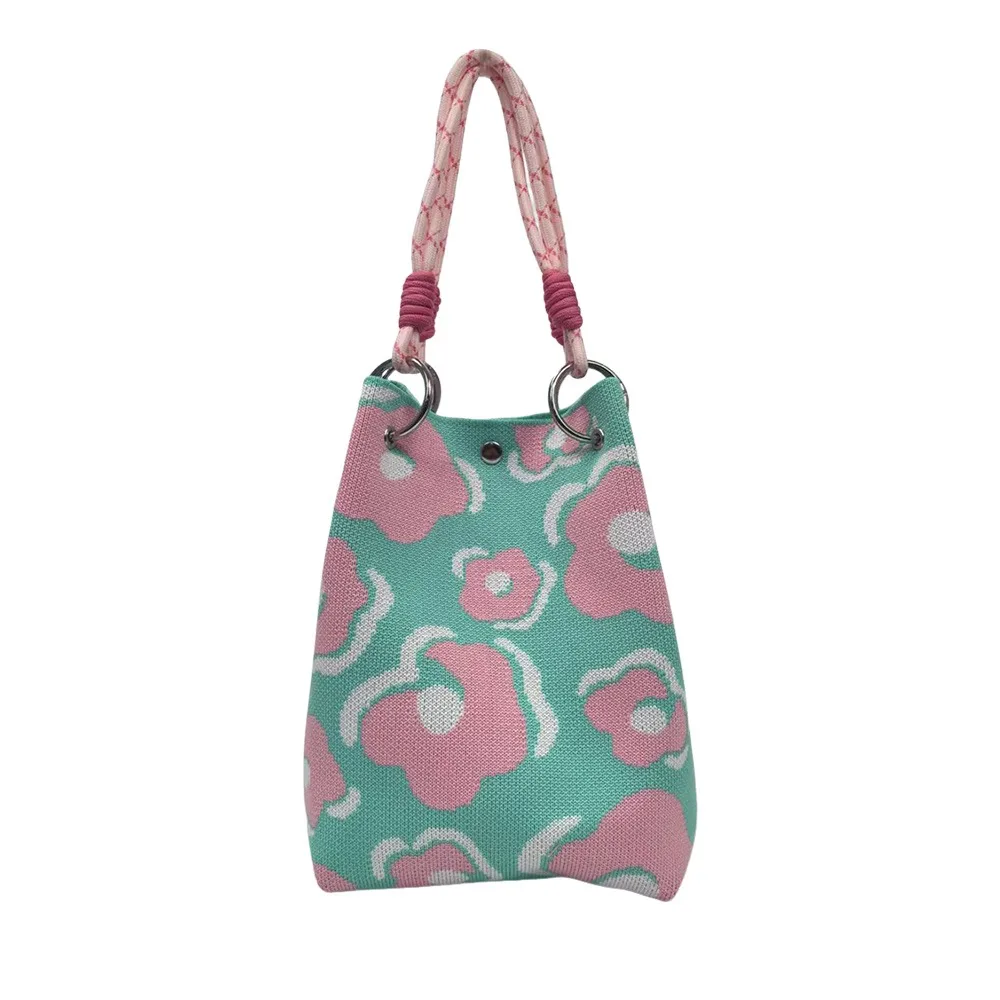 

Милая мультяшная вязаная сумка-ведро ручной работы, большая вместительная сумка на запястье, тканая сумка-тоут с кольцом и пряжкой для женщин и девочек