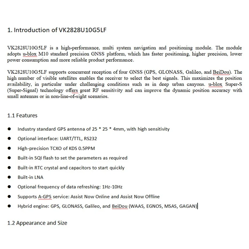 

VK2828U10G5LF GPS Module Built-In LNA GPS+Beidou+GLONASS+Galileo Flight Control Module Acreage Meter-Y41A