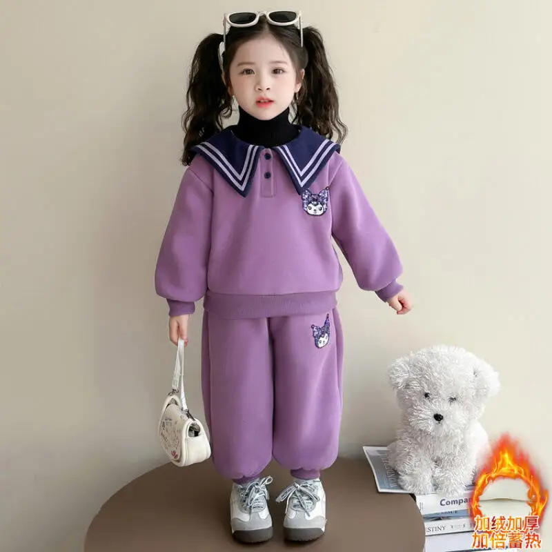 

Girls' Kuromi Cartoon Sweatshirt 2025 Winter New Children Kawaii Anime Thick Warm Jacket 2Pcs Fashion Comfort Sweet Leisure Set